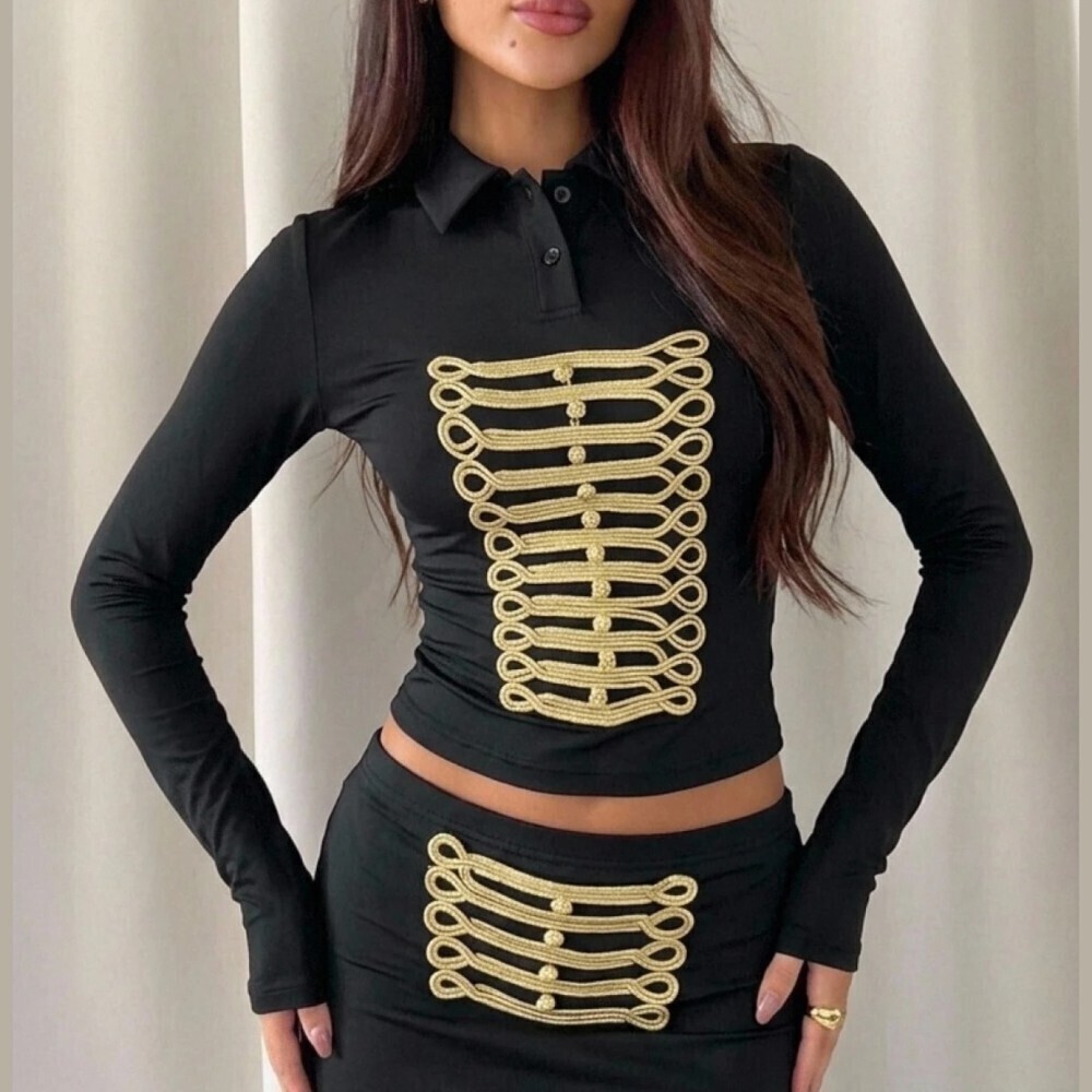 Black Knit Gold Cord Rib Embroidered Collared Long Sleeve Slim Fit Polo Top